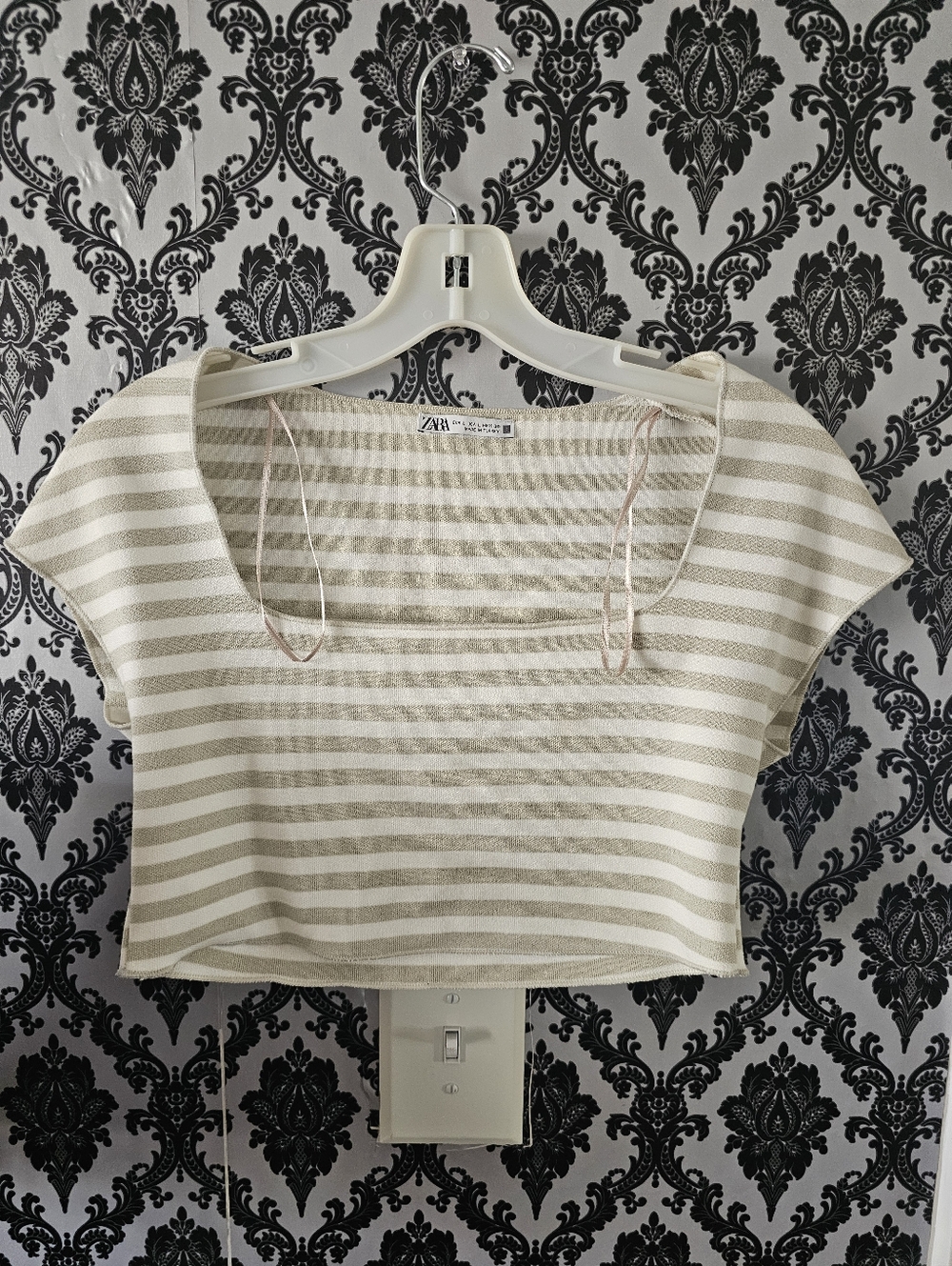 Zara Beige & Cream Striped Square-Neck Crop Top